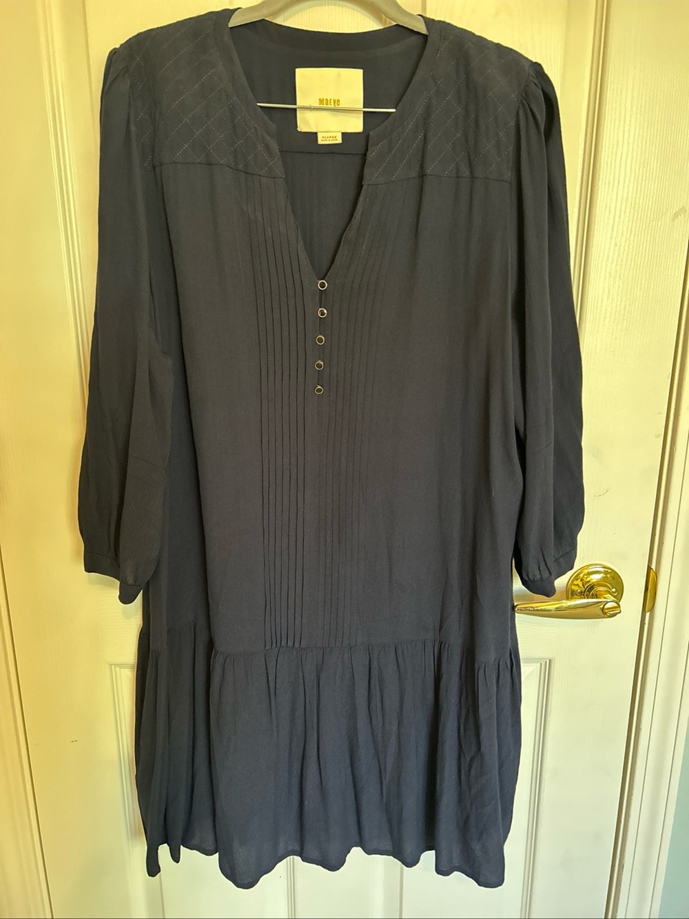 Maeve Navy Pintuck V-Neck Long Sleeve Dress